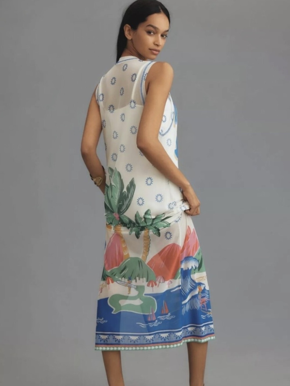 Farn Rio Anthropologie Graphic Mesh Midi Dress - Palm Print medium tag cut out - Picture 3 of 3